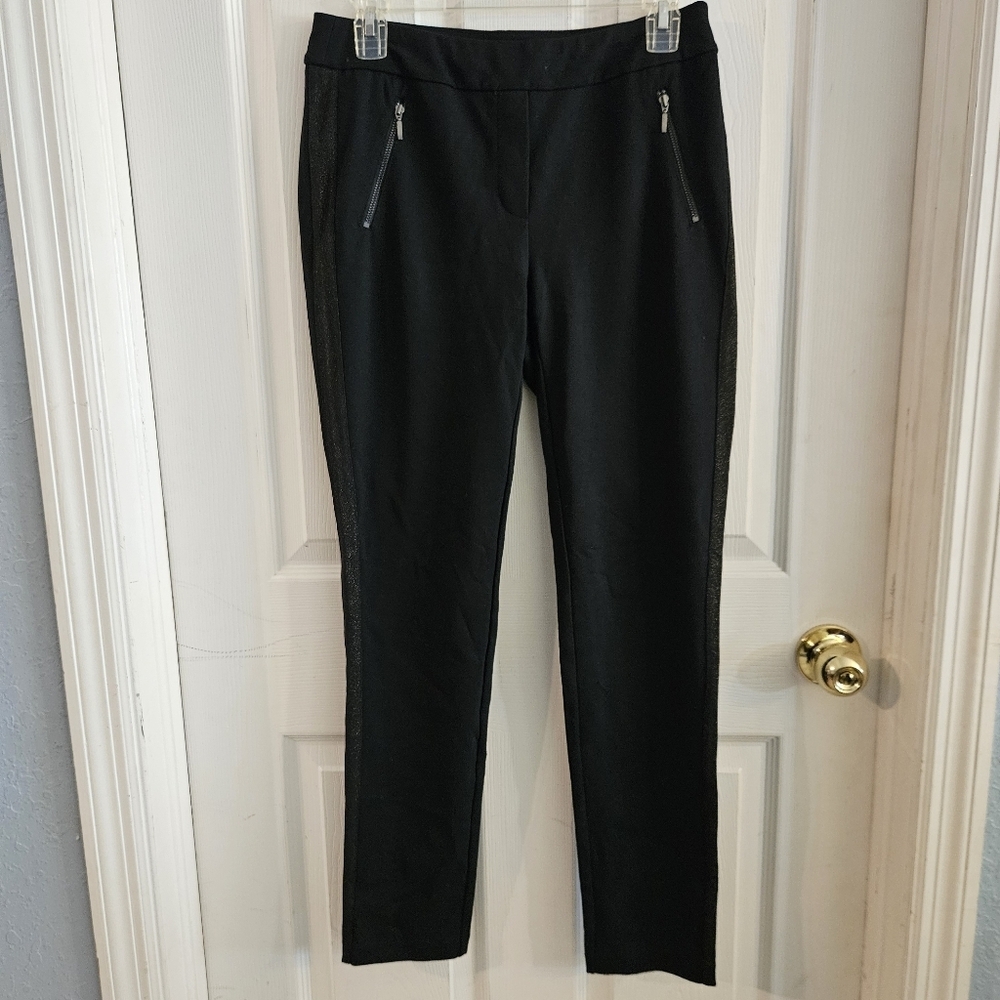 J. Mclaughlin Slim Pull On Pants Metallic Tuxedo Stripe Zip Pockets Black Size 4